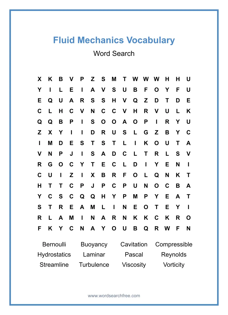 Fluid Mechanics Vocabulary Word Search - Free printable puzzle with 12 words
