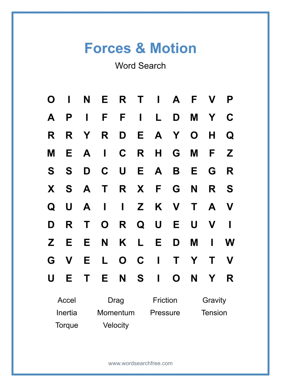 Forces & Motion Word Search - Free printable puzzle with 10 words