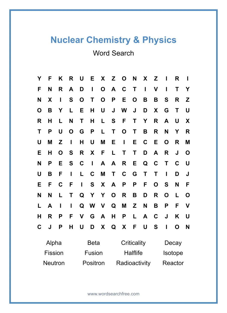 Nuclear Chemistry & Physics Word Search - Free printable puzzle with 12 words