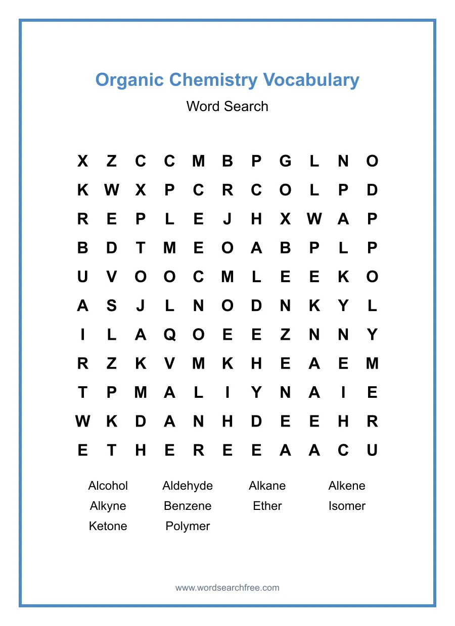 Organic Chemistry Vocabulary Word Search - Free printable puzzle with 10 words