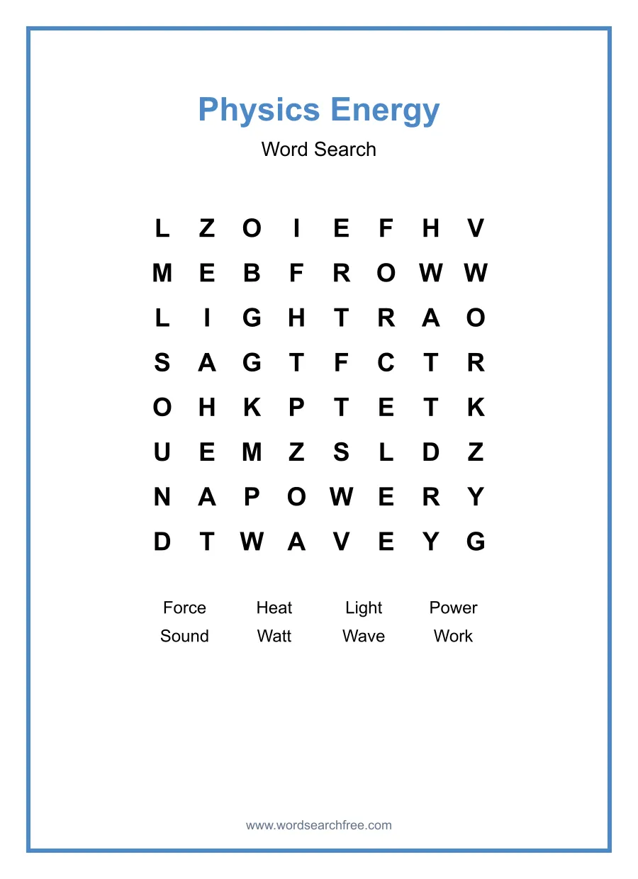 Physics Energy Word Search - Free printable puzzle with 8 words