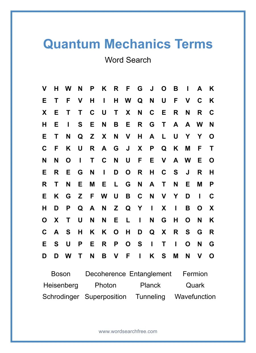 Quantum Mechanics Terms Word Search - Free printable puzzle with 12 words