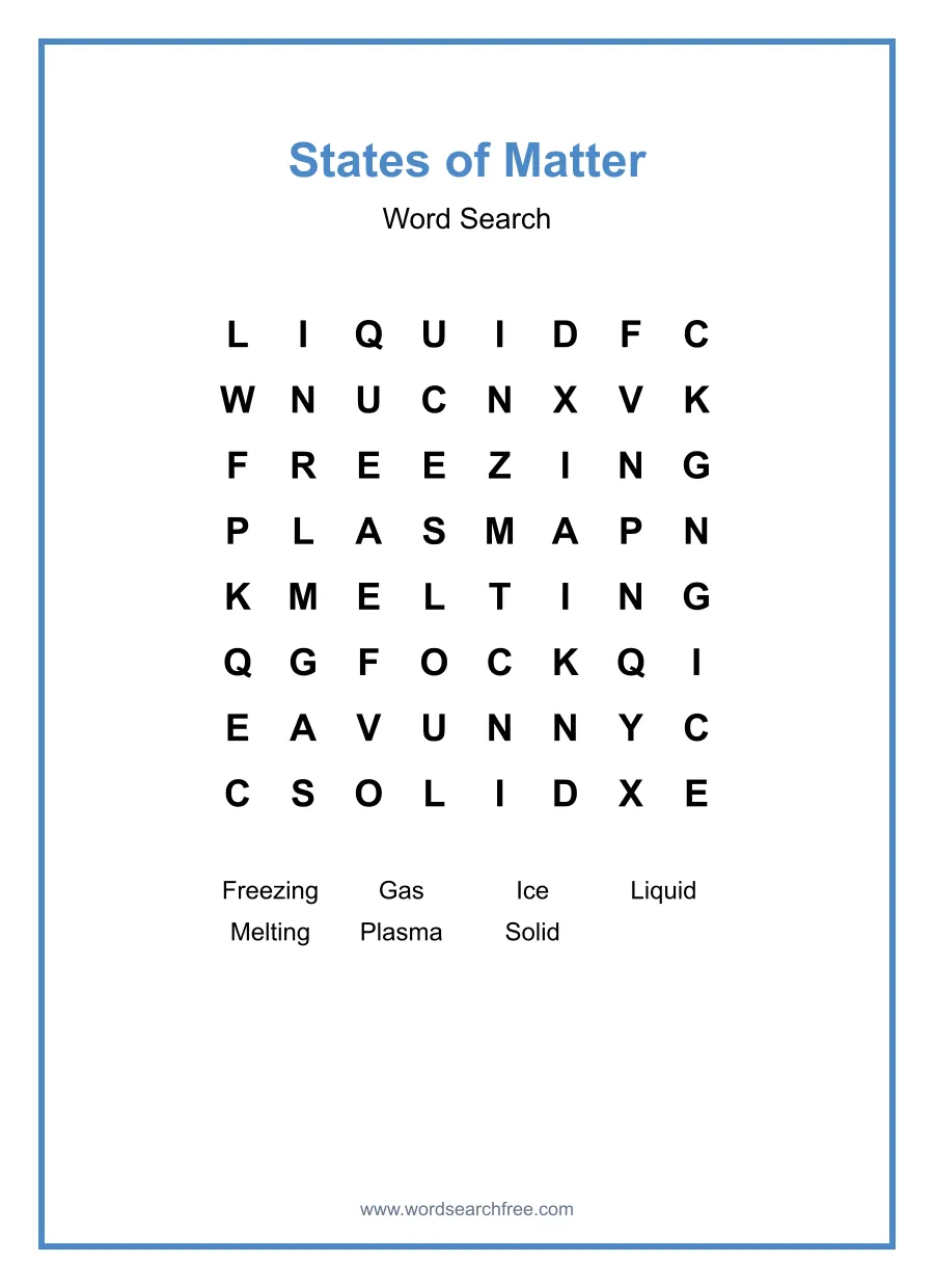 States of Matter Word Search - Free printable puzzle with 7 words