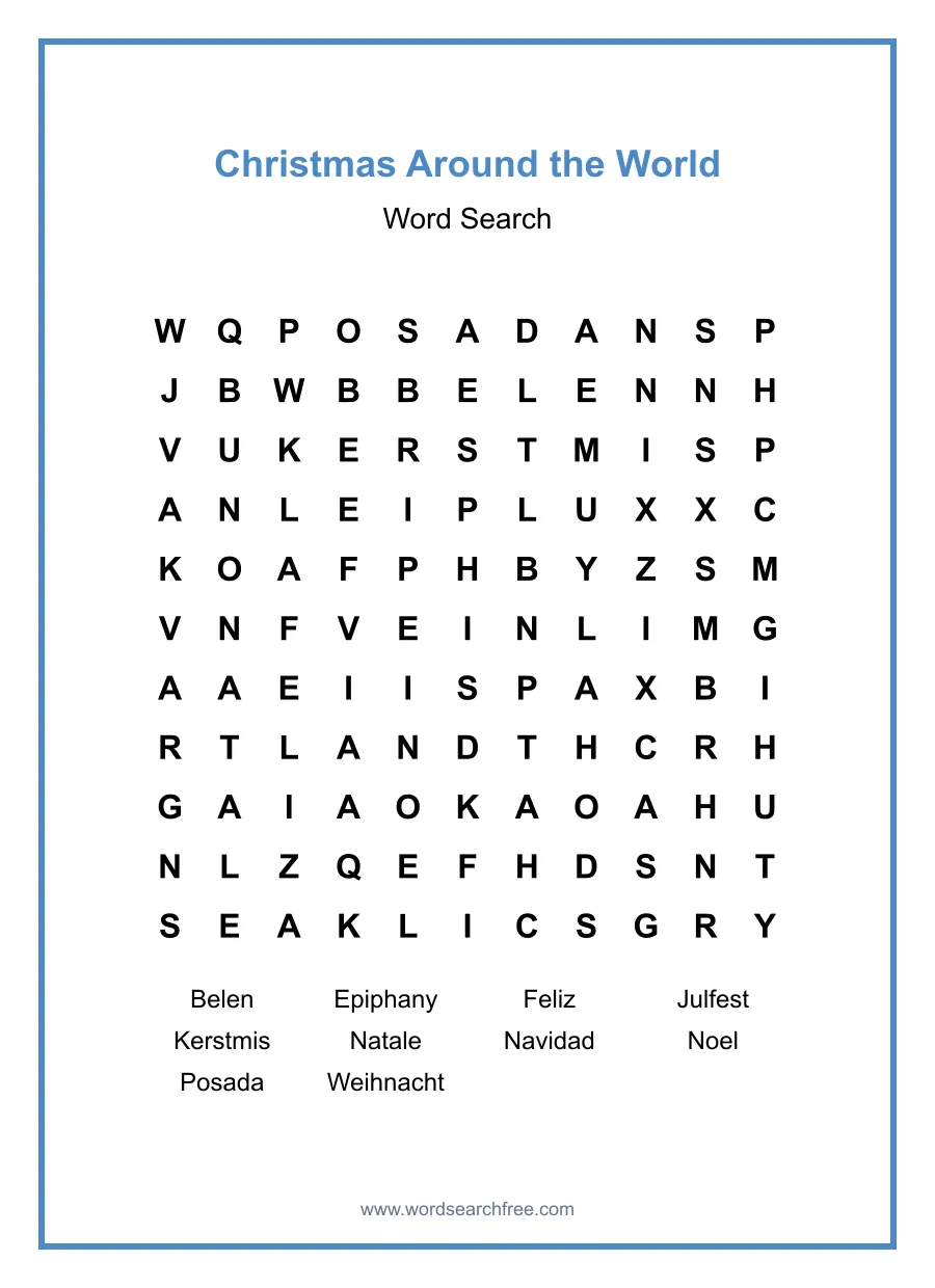 Christmas Around the World Word Search - Free printable puzzle with 10 words