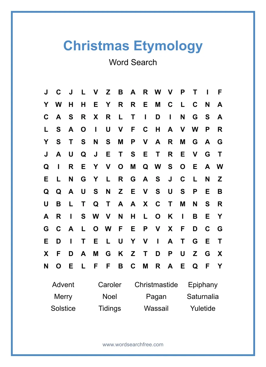Christmas Etymology Word Search - Free printable puzzle with 12 words