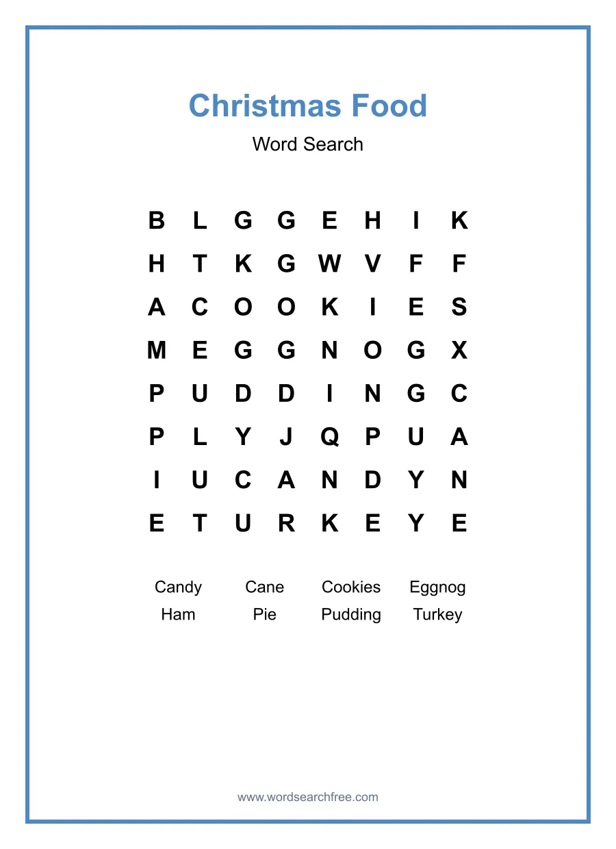 Christmas Food Word Search - Free printable puzzle with 8 words