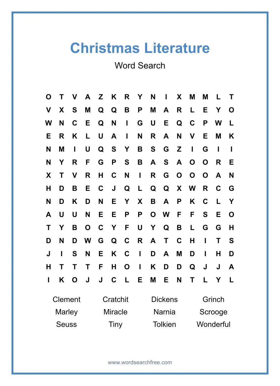 Christmas Literature Word Search - Free printable puzzle with 12 words