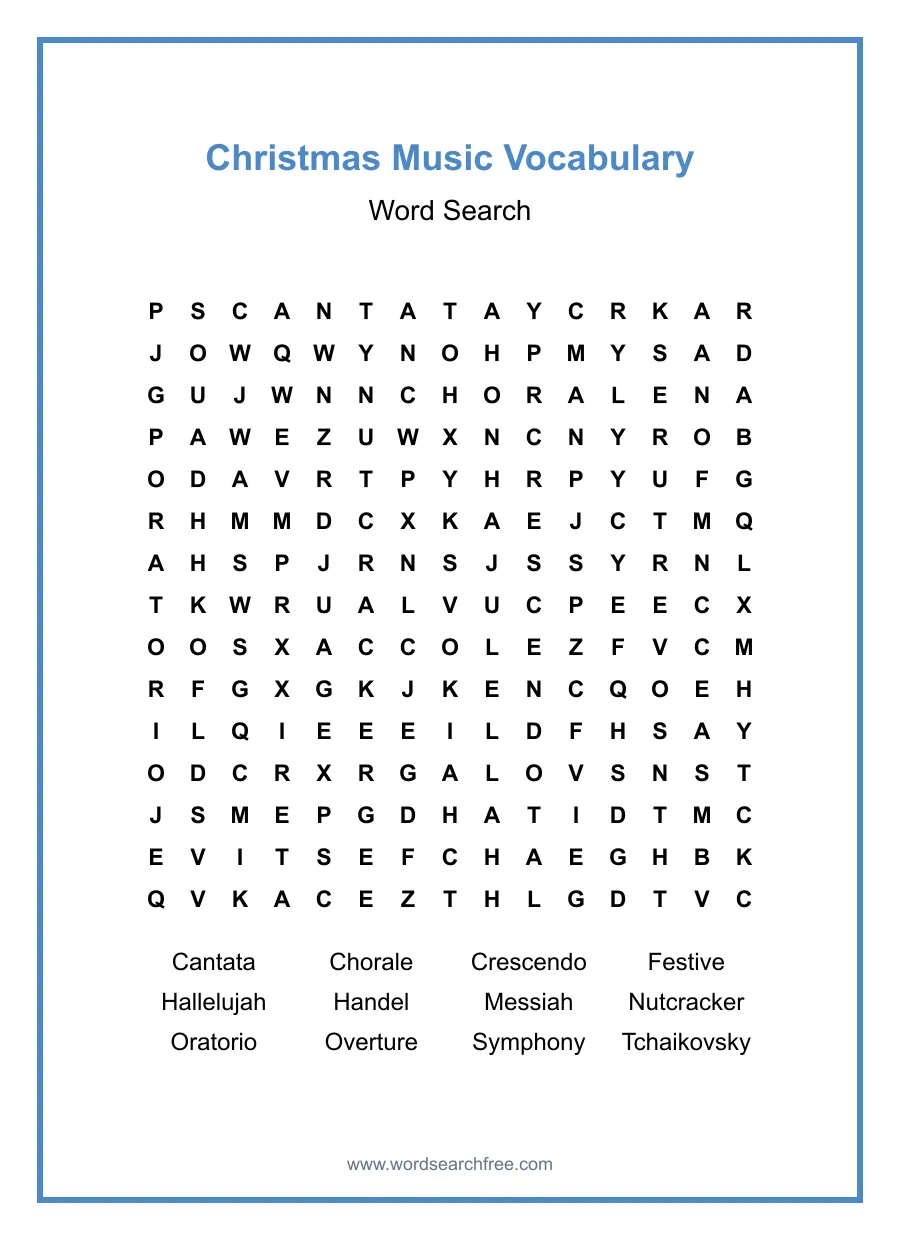 Christmas Music Vocabulary Word Search - Free printable puzzle with 12 words