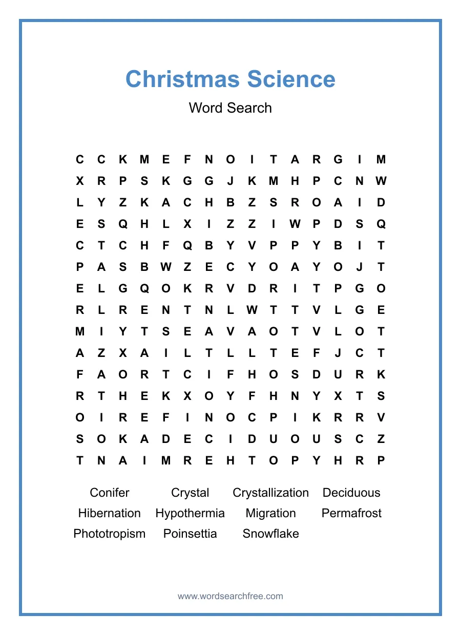 Christmas Science Word Search - Free printable puzzle with 11 words