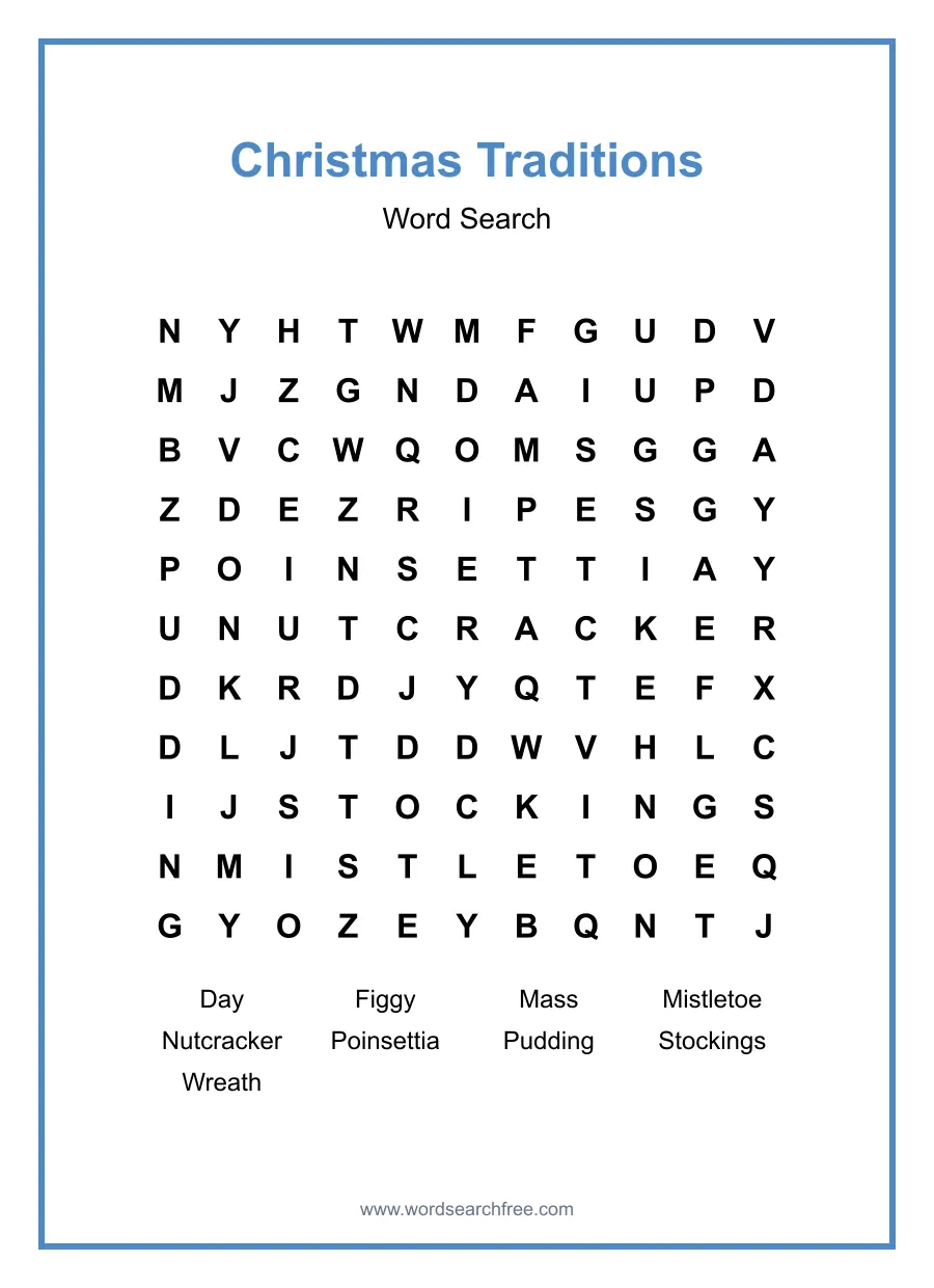 Christmas Traditions Word Search - Free printable puzzle with 9 words