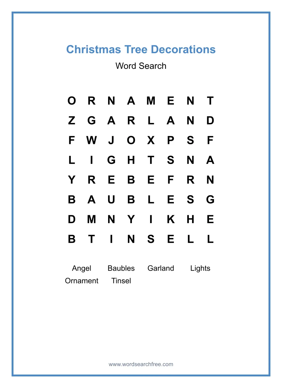 Christmas Tree Decorations Word Search - Free printable puzzle with 6 words