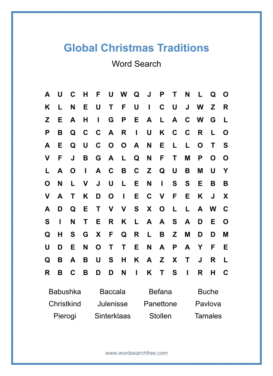 Global Christmas Traditions Word Search - Free printable puzzle with 12 words