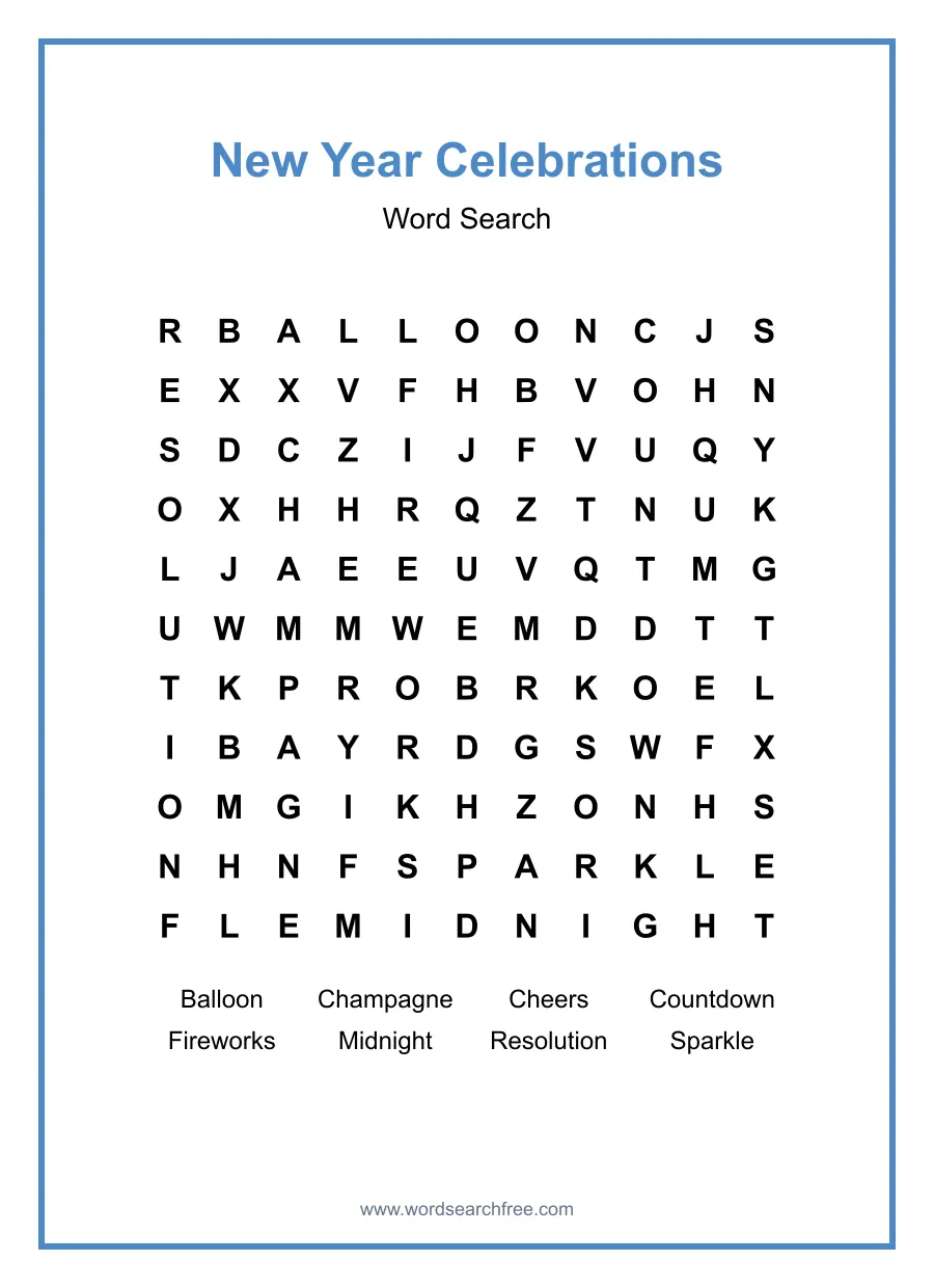 New Year Celebrations Word Search - Free printable puzzle with 8 words