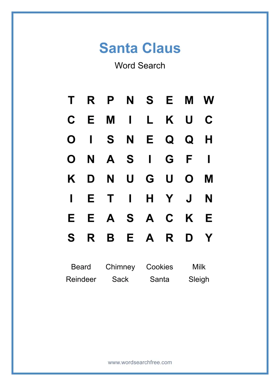 Santa Claus Word Search - Free printable puzzle with 8 words
