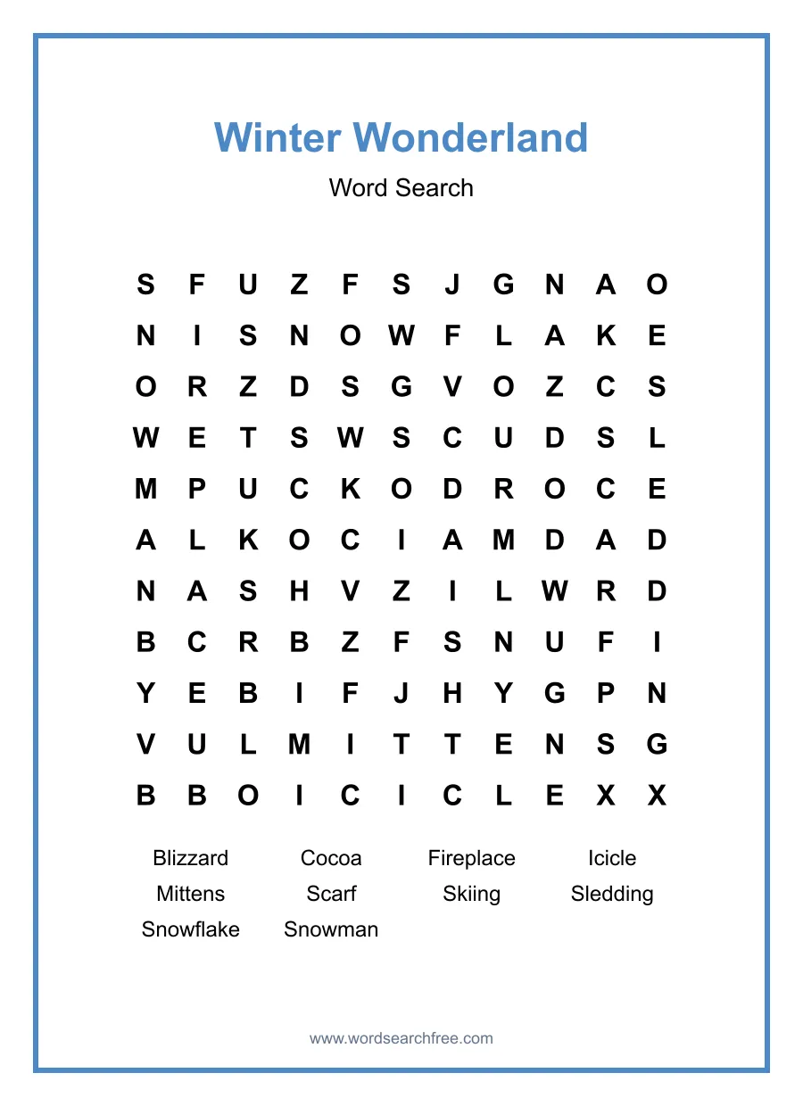 Winter Wonderland Word Search - Free printable puzzle with 10 words