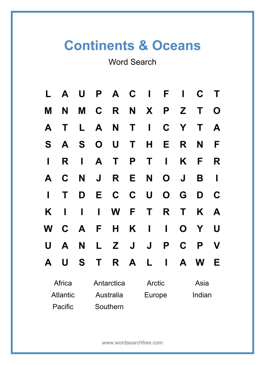 Continents & Oceans Word Search - Free printable puzzle with 10 words