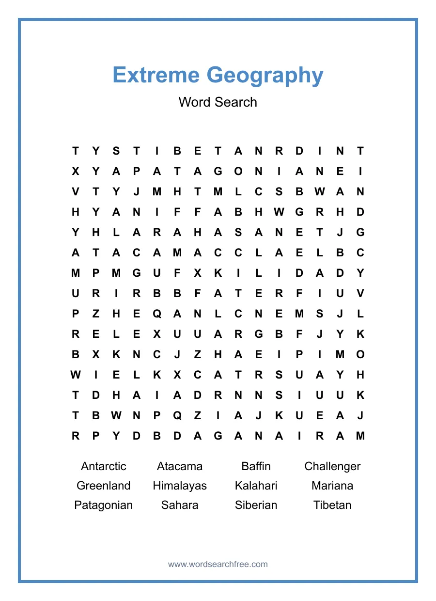 Extreme Geography Word Search - Free printable puzzle with 12 words