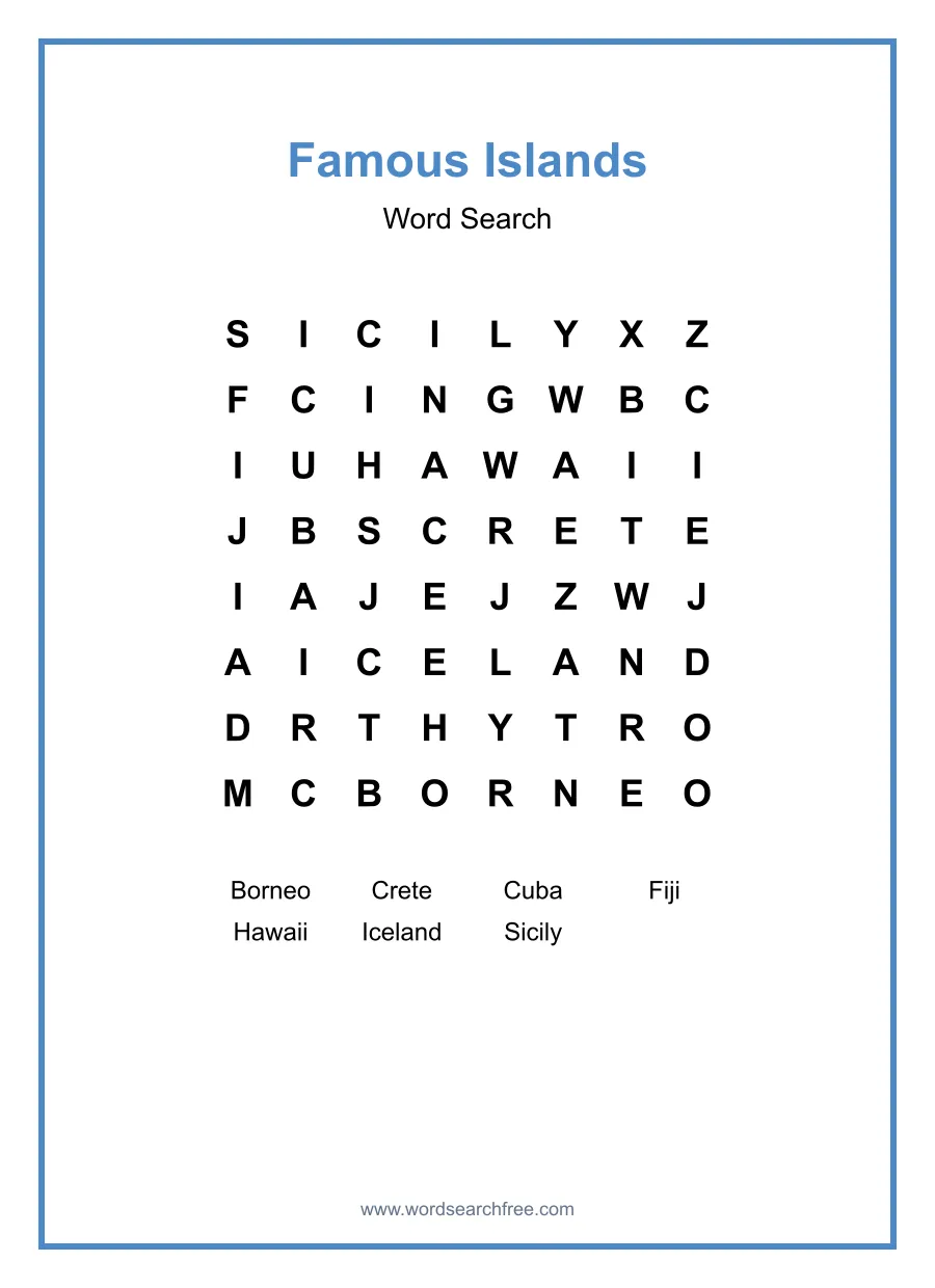 Famous Islands Word Search - Free printable puzzle with 7 words