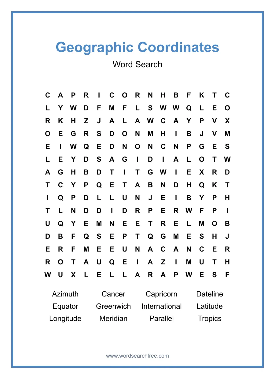 Geographic Coordinates Word Search - Free printable puzzle with 12 words