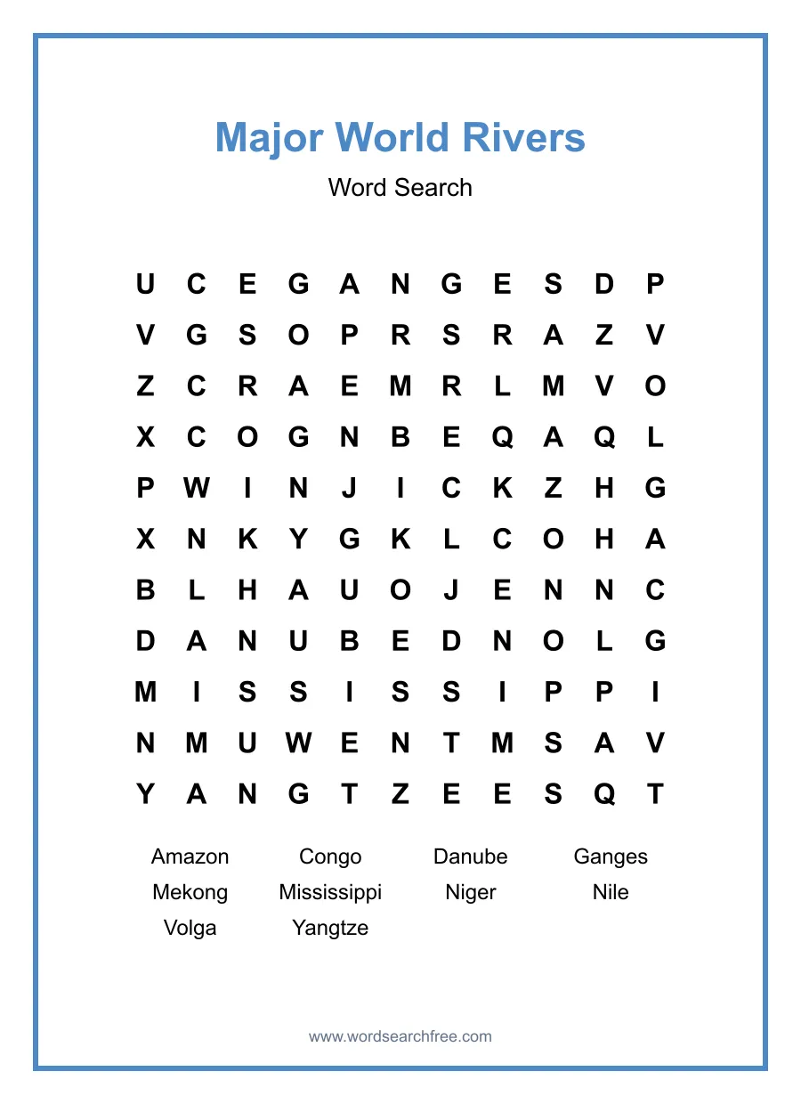 Major World Rivers Word Search - Free printable puzzle with 10 words