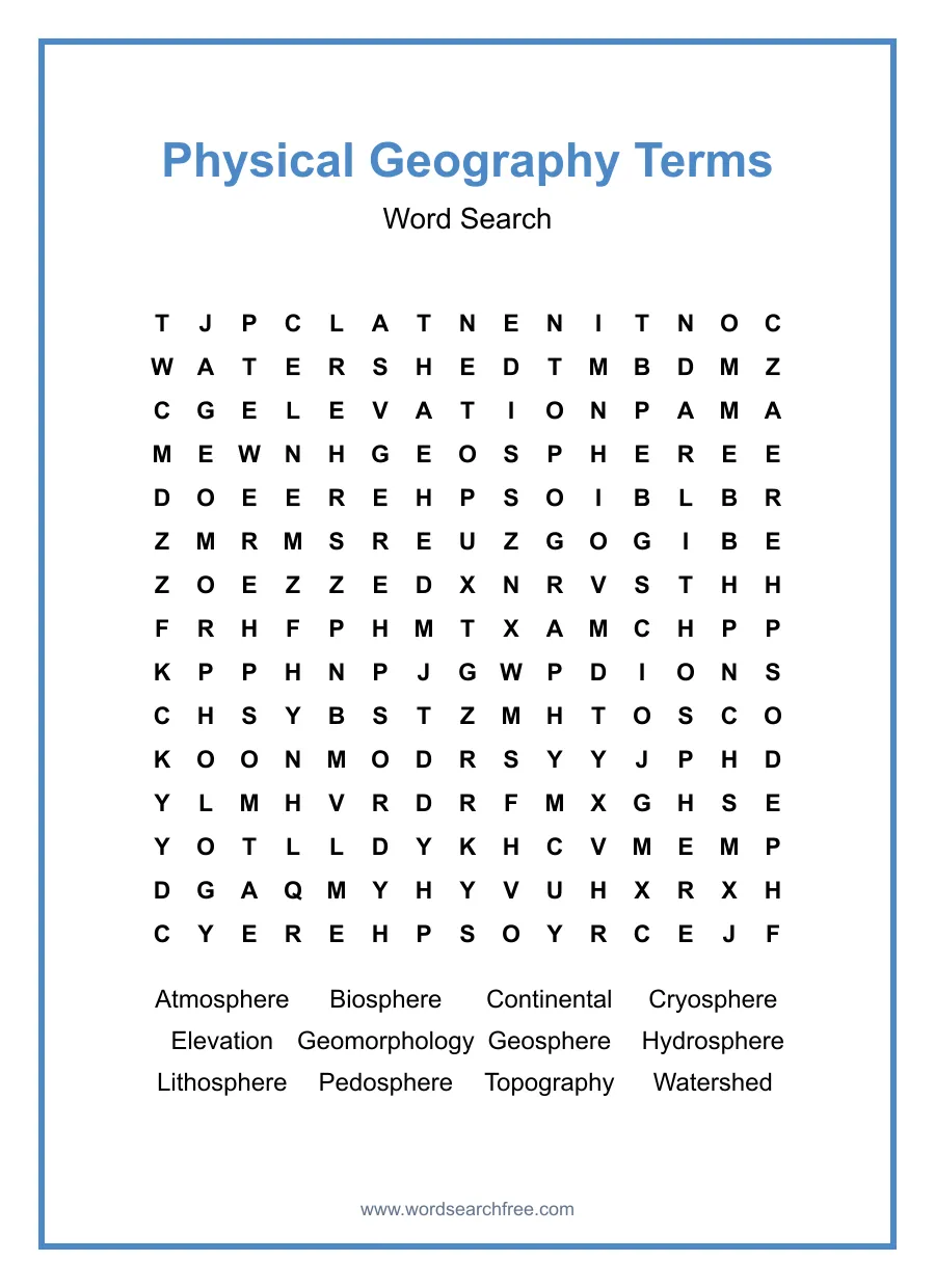 Physical Geography Terms Word Search - Free printable puzzle with 12 words