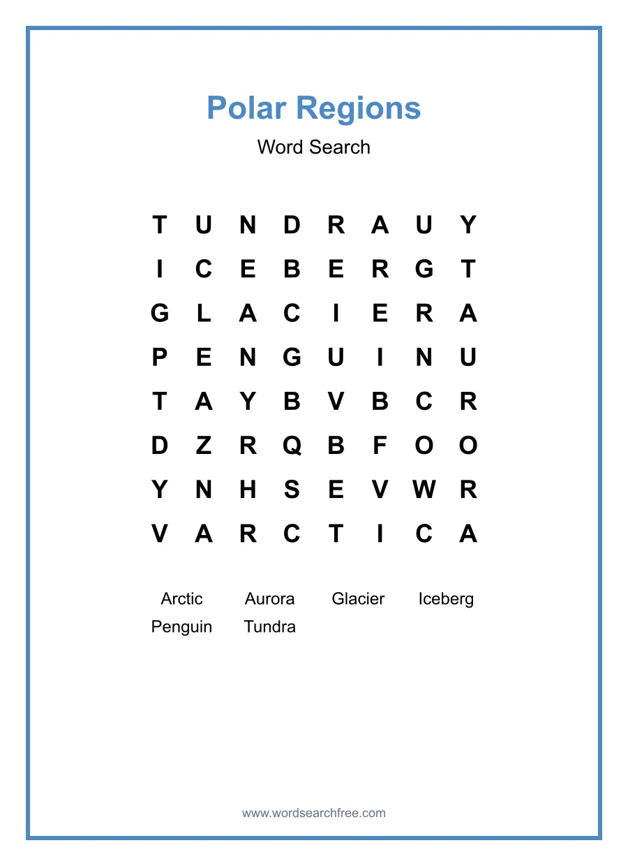 Polar Regions Word Search - Free printable puzzle with 6 words