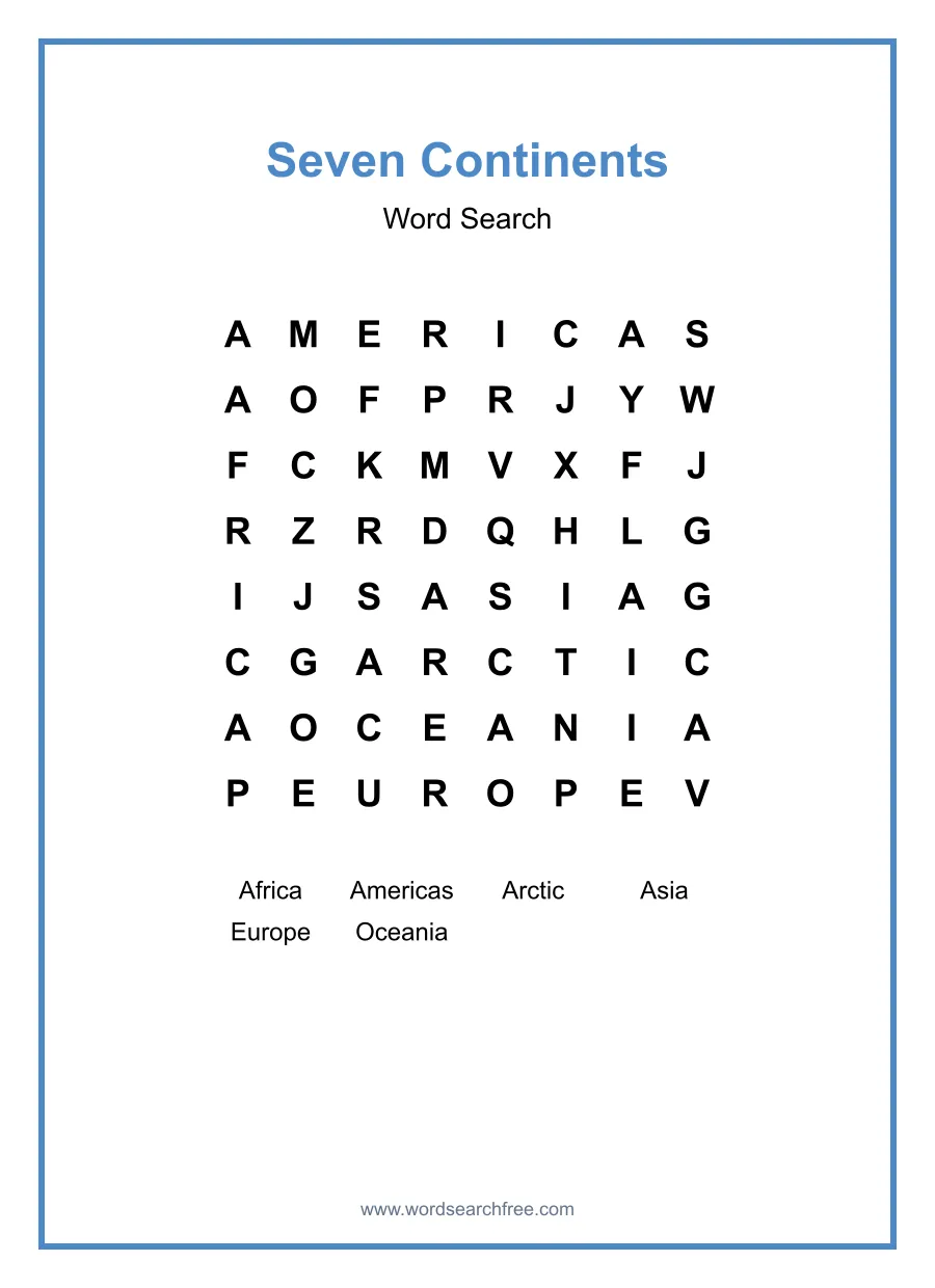 Seven Continents Word Search - Free printable puzzle with 6 words