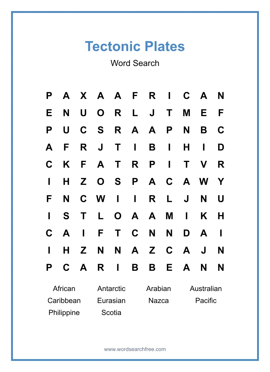 Tectonic Plates Word Search - Free printable puzzle with 10 words