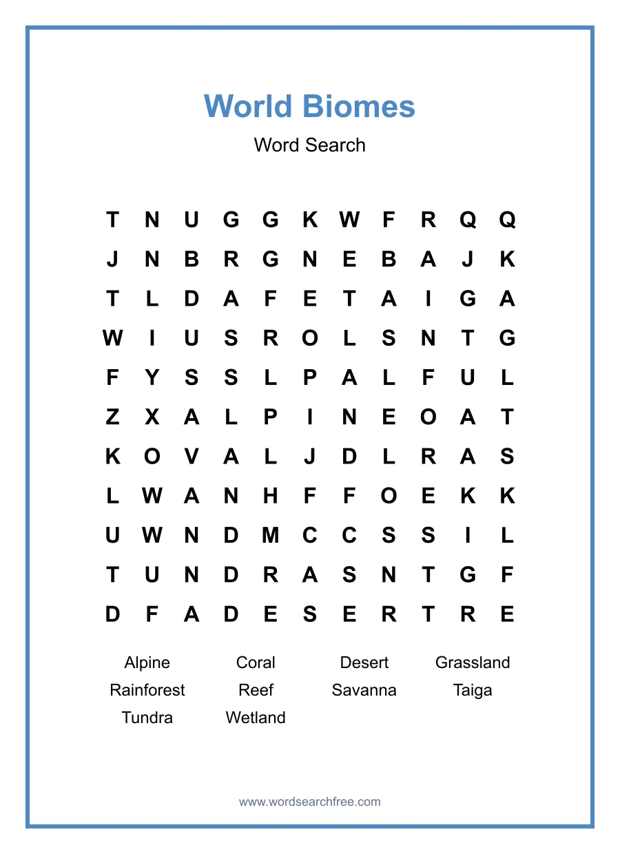 World Biomes Word Search - Free printable puzzle with 10 words