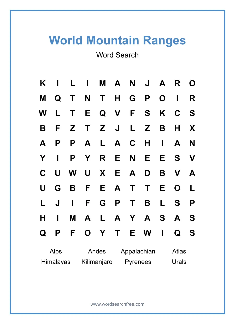 World Mountain Ranges Word Search - Free printable puzzle with 8 words