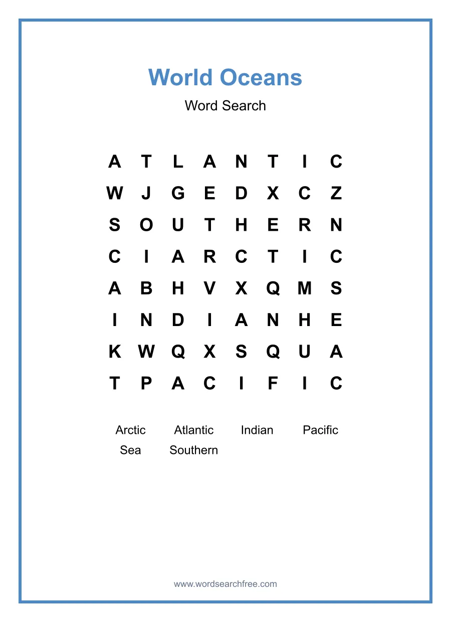World Oceans Word Search - Free printable puzzle with 6 words