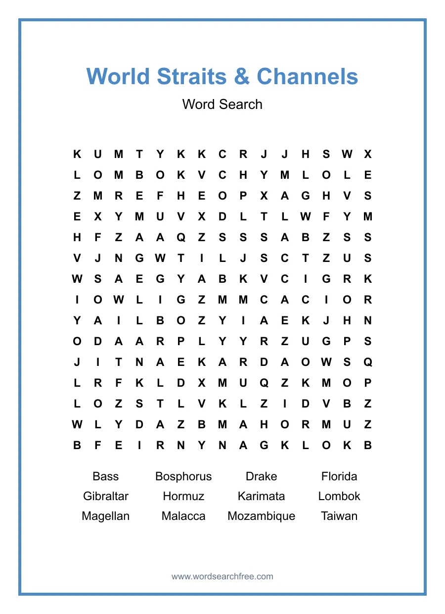 World Straits & Channels Word Search - Free printable puzzle with 12 words