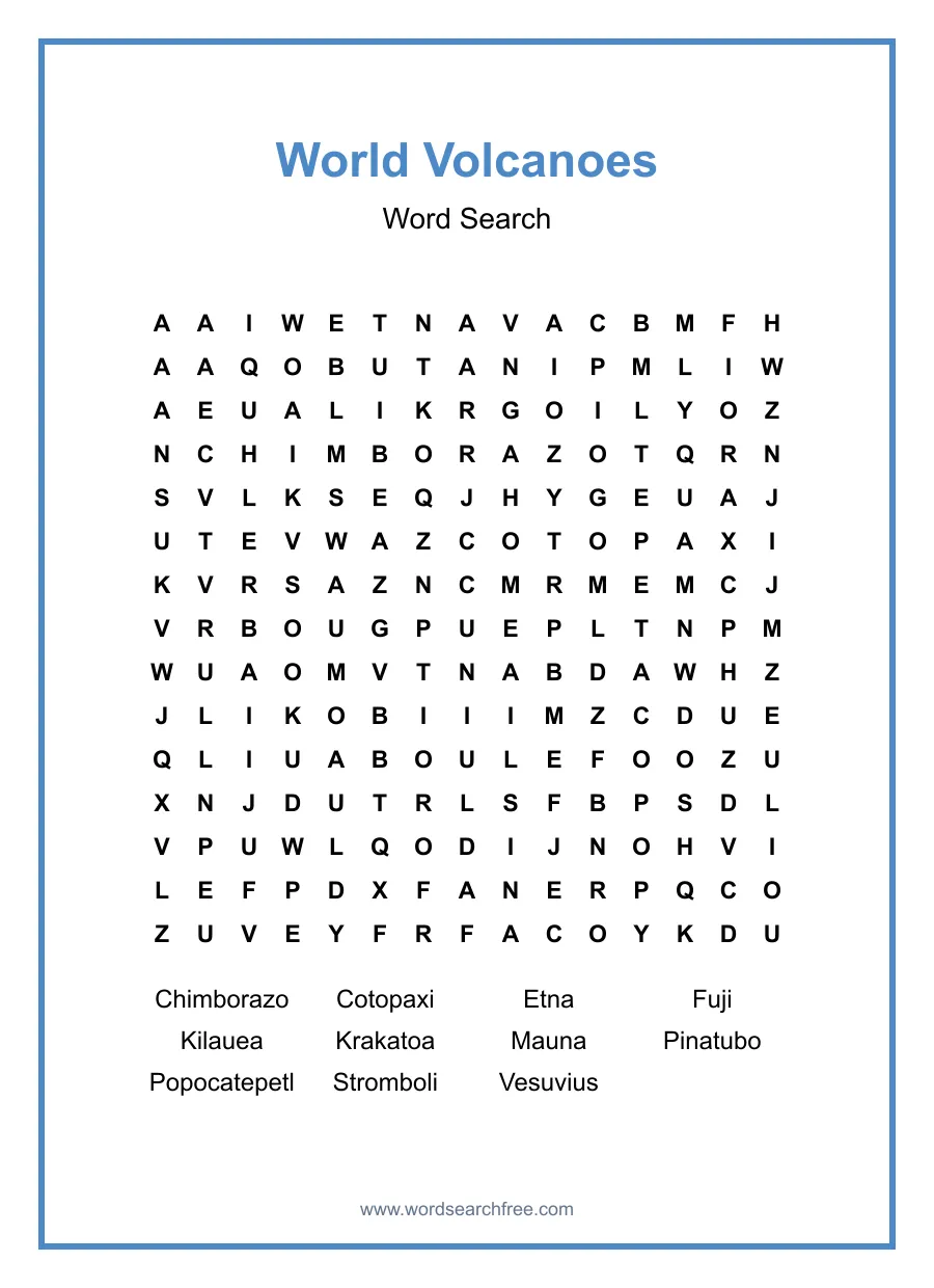World Volcanoes Word Search - Free printable puzzle with 11 words