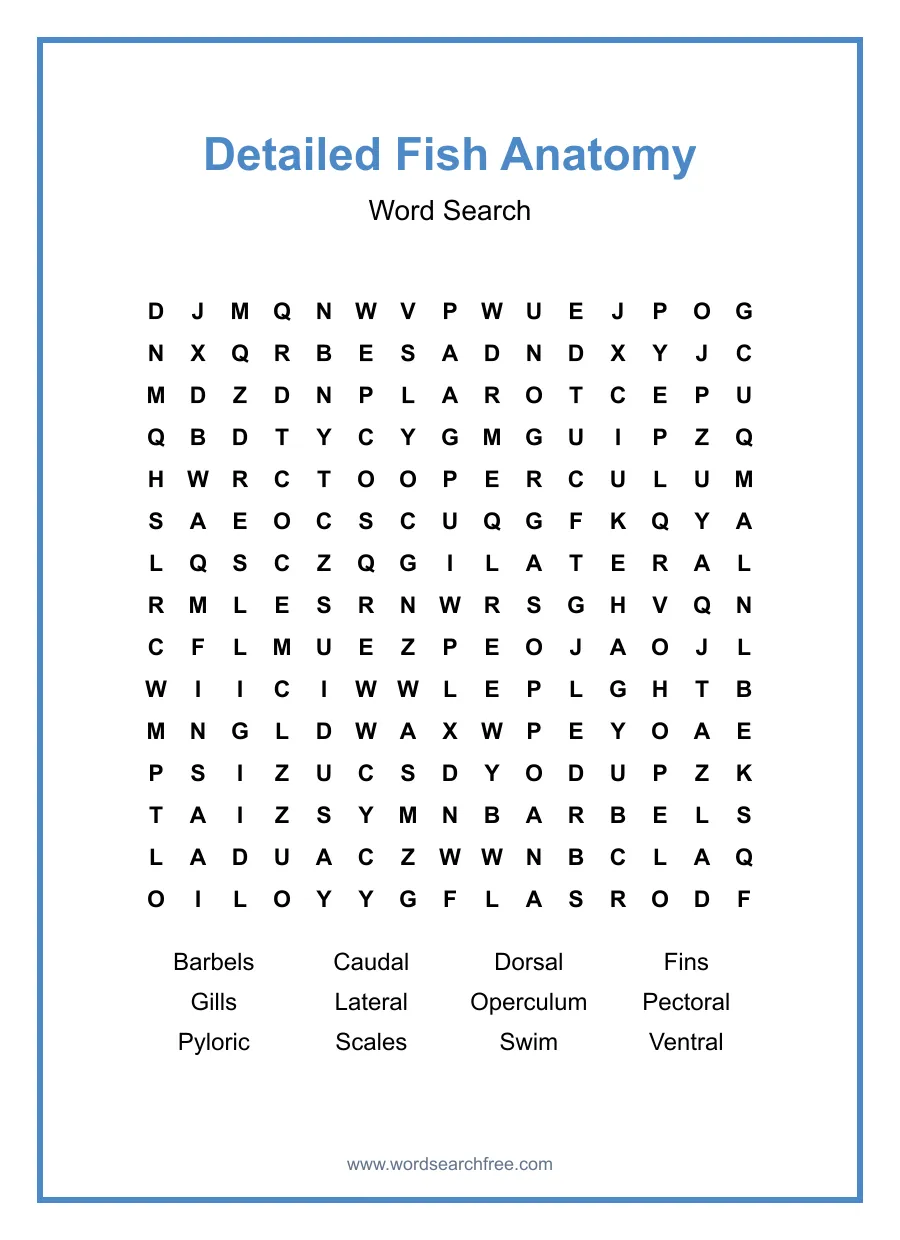 Detailed Fish Anatomy Word Search - Free printable puzzle with 12 words