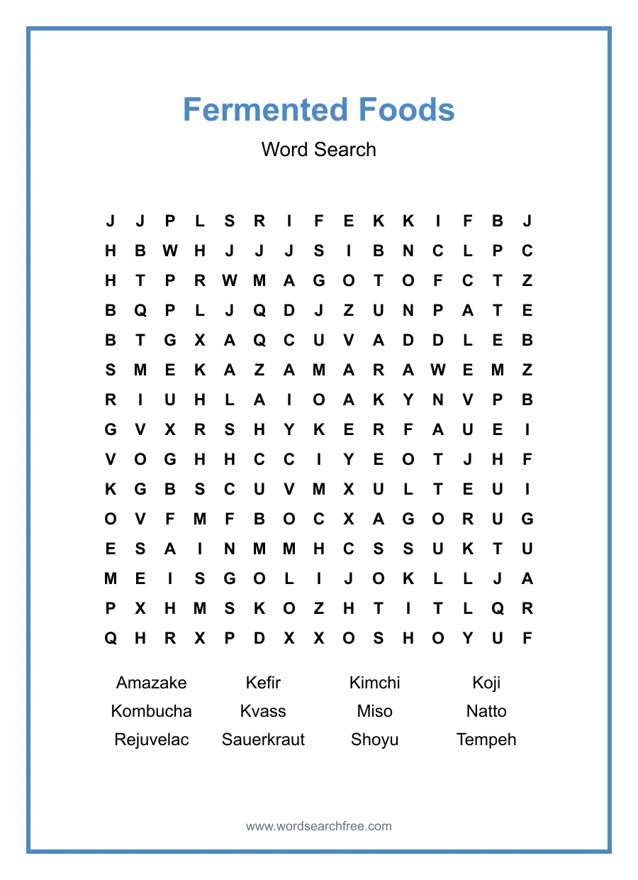 Fermented Foods Word Search - Free printable puzzle with 12 words