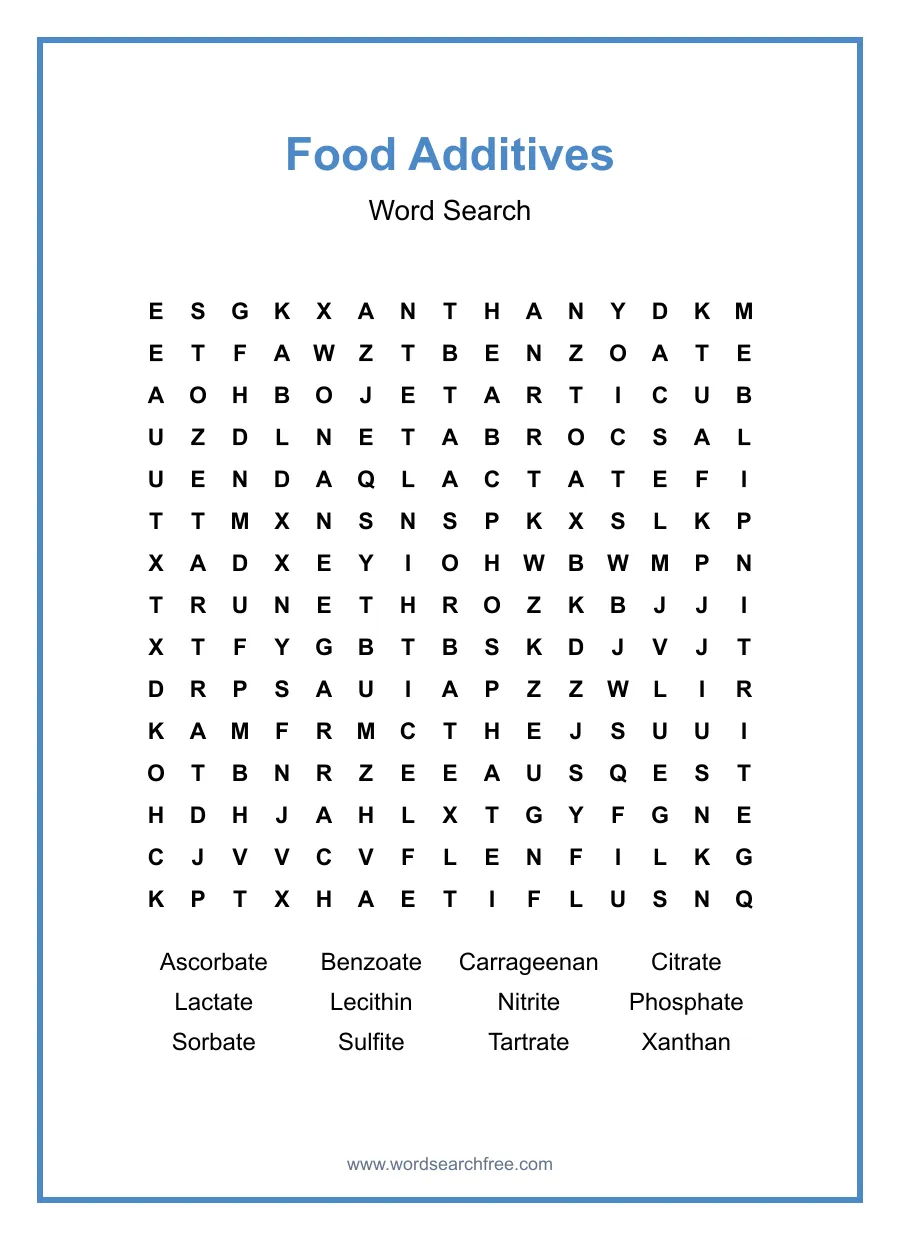 Food Additives Word Search - Free printable puzzle with 12 words