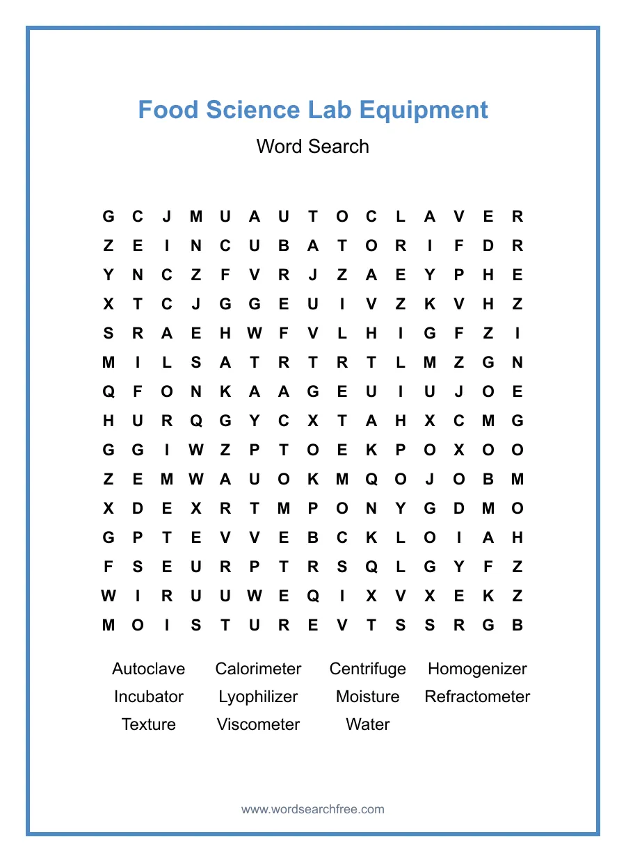 Food Science Lab Equipment Word Search - Free printable puzzle with 11 words