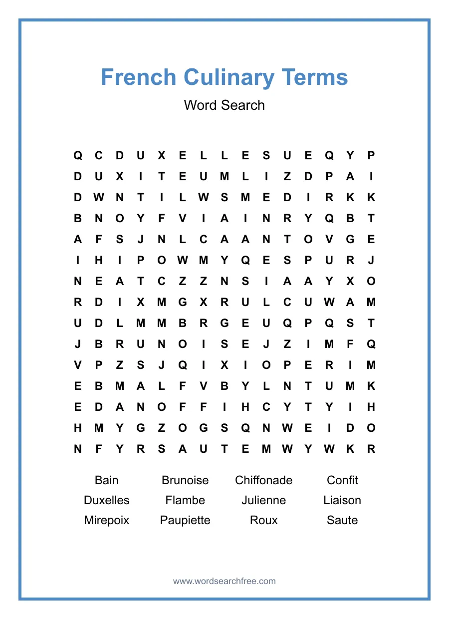 French Culinary Terms Word Search - Free printable puzzle with 12 words