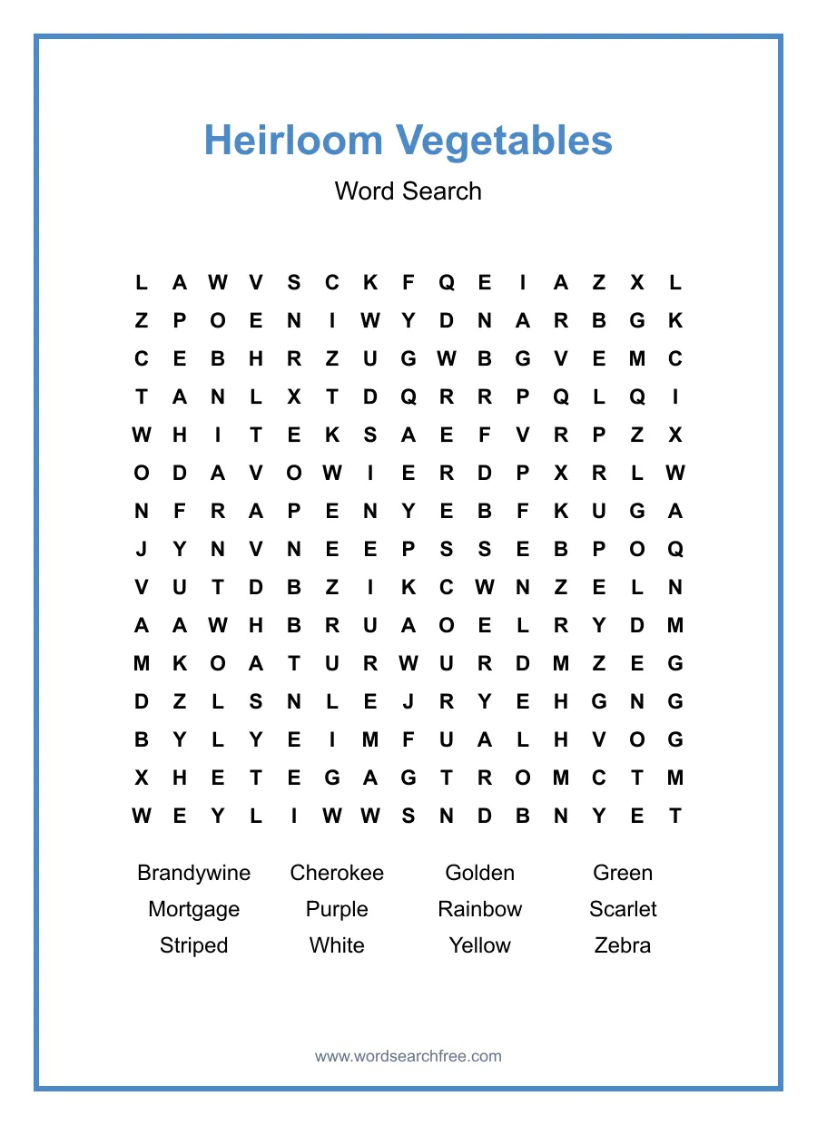 Heirloom Vegetables Word Search - Free printable puzzle with 12 words
