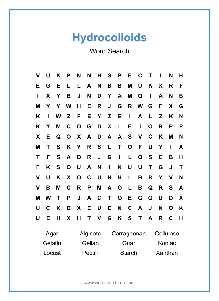 Hydrocolloids Word Search - Free printable puzzle with 12 words