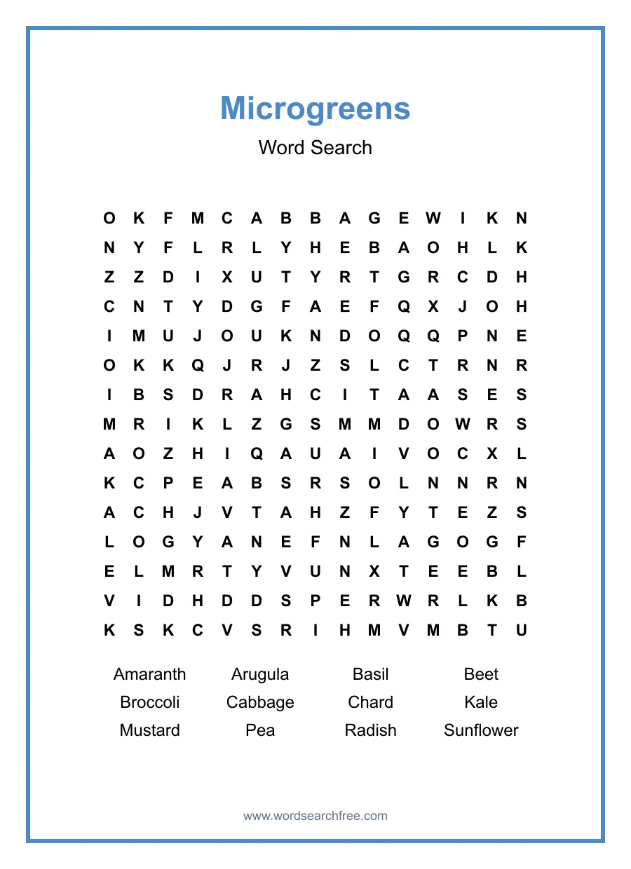 Microgreens Word Search - Free printable puzzle with 12 words