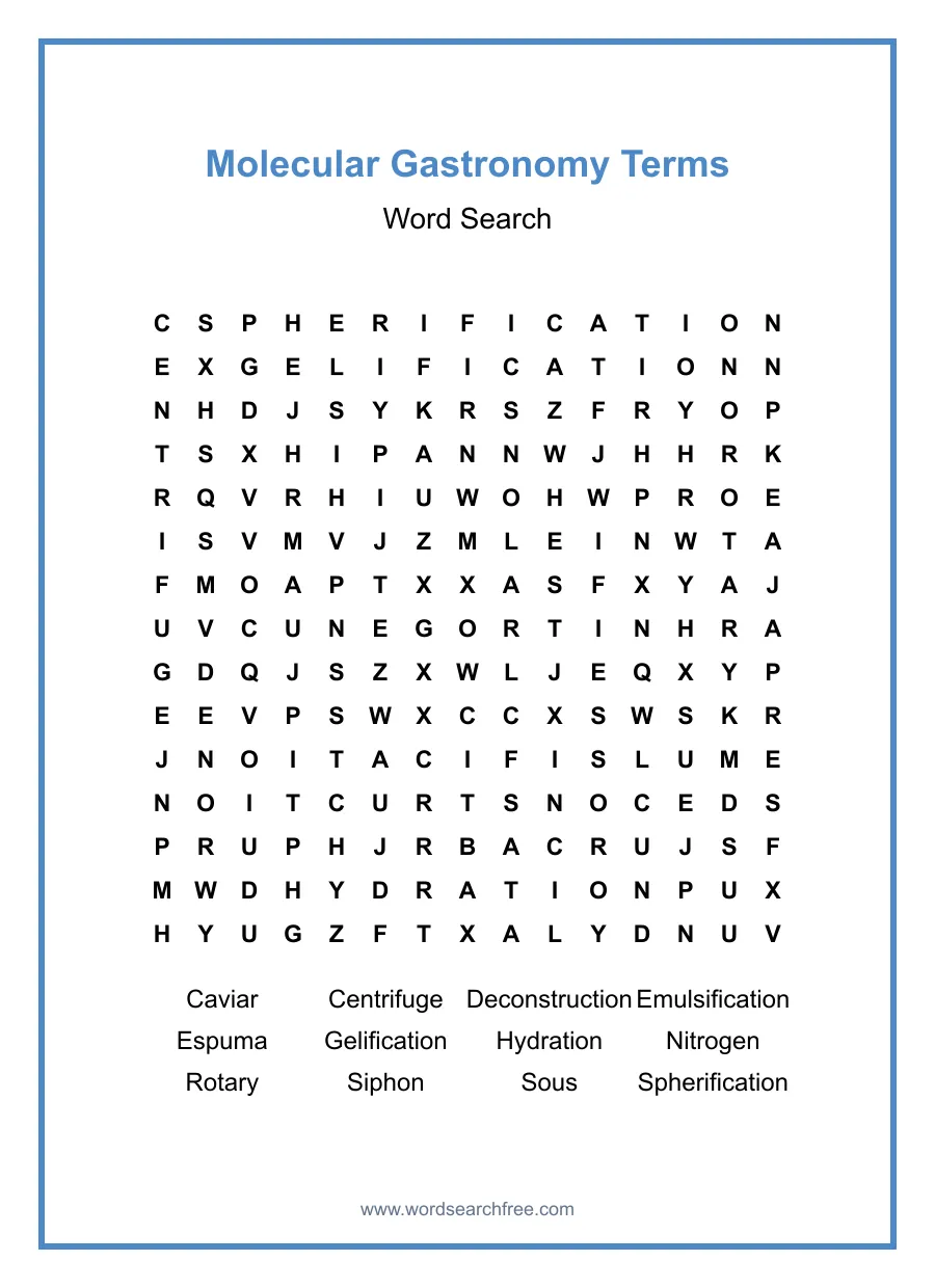 Molecular Gastronomy Terms Word Search - Free printable puzzle with 12 words