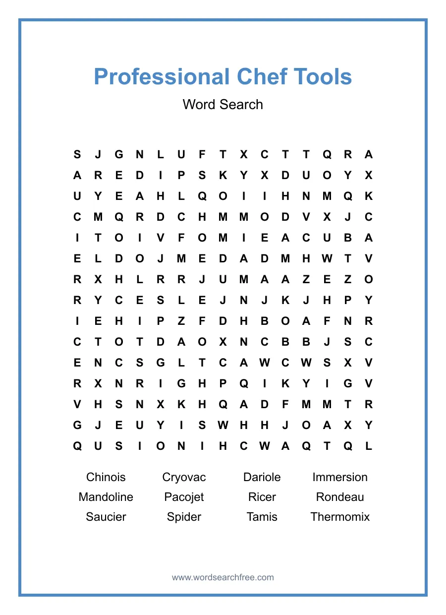 Professional Chef Tools Word Search - Free printable puzzle with 12 words