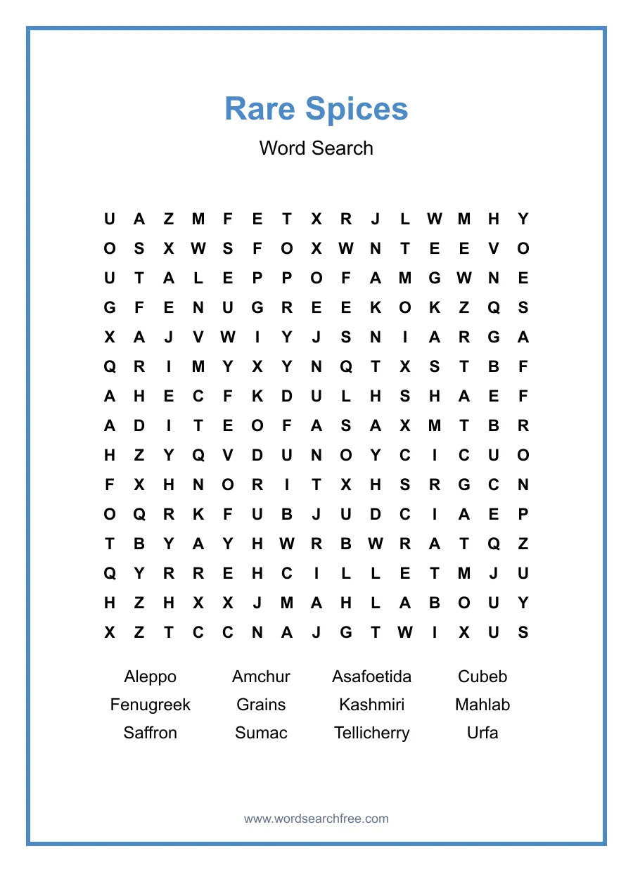 Rare Spices Word Search - Free printable puzzle with 12 words