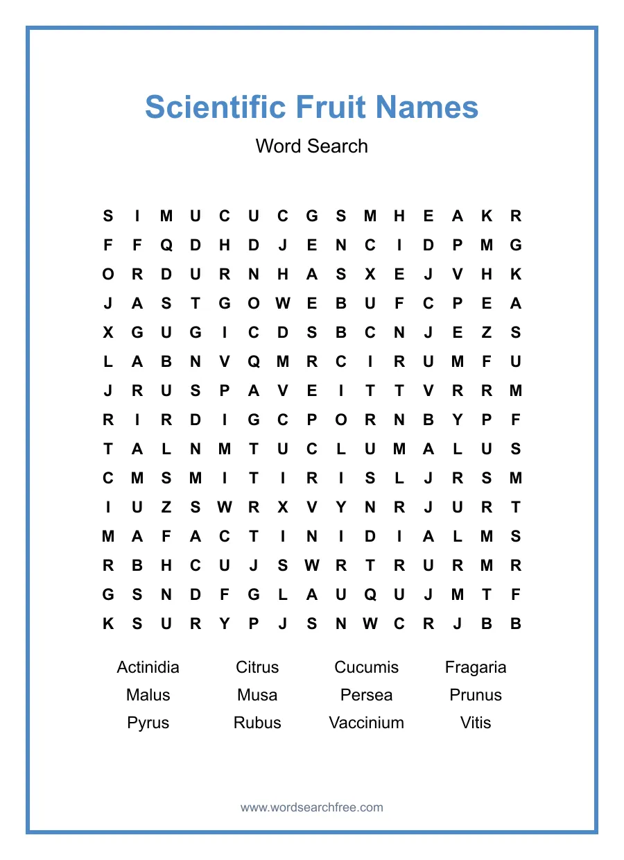 Scientific Fruit Names Word Search - Free printable puzzle with 12 words