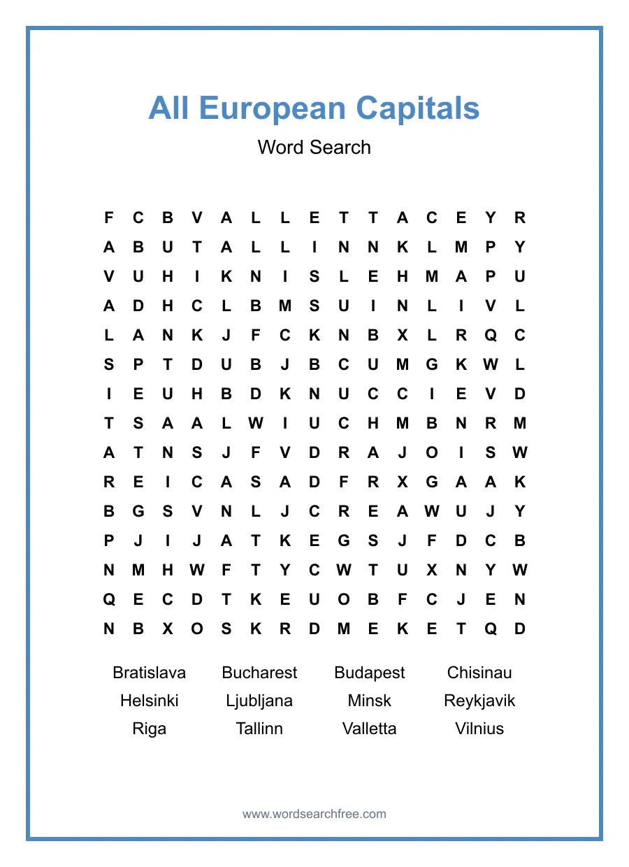 All European Capitals Word Search - Free printable puzzle with 12 words