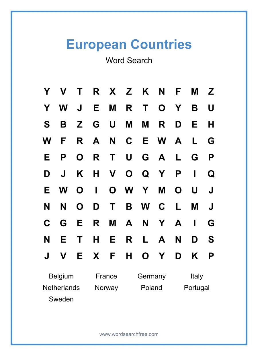 European Countries Word Search - Free printable puzzle with 9 words
