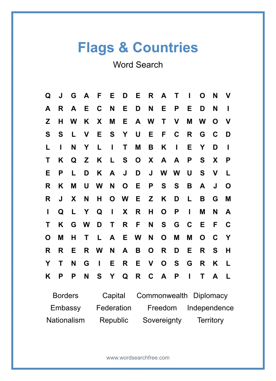 Flags & Countries Word Search - Free printable puzzle with 12 words