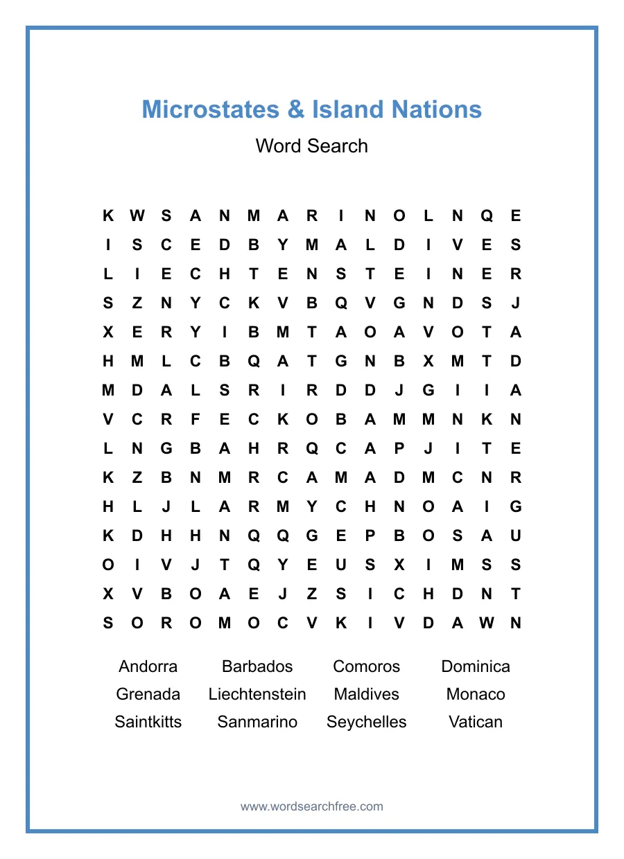 Microstates & Island Nations Word Search - Free printable puzzle with 12 words