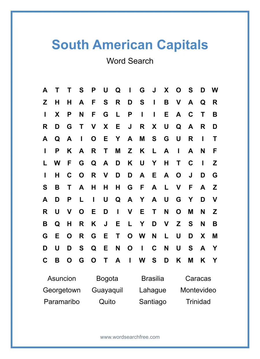 South American Capitals Word Search - Free printable puzzle with 12 words